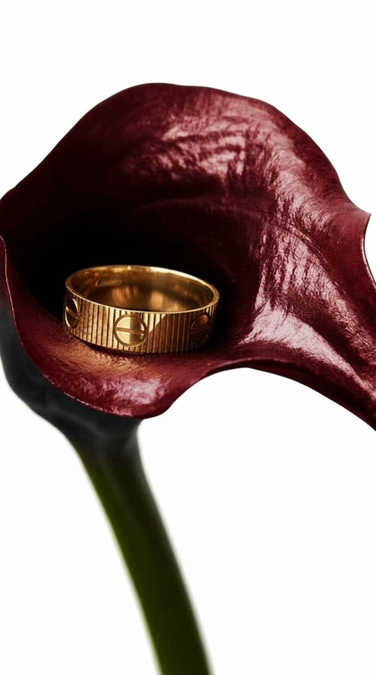 A gold ring resting inside a deep red calla lily