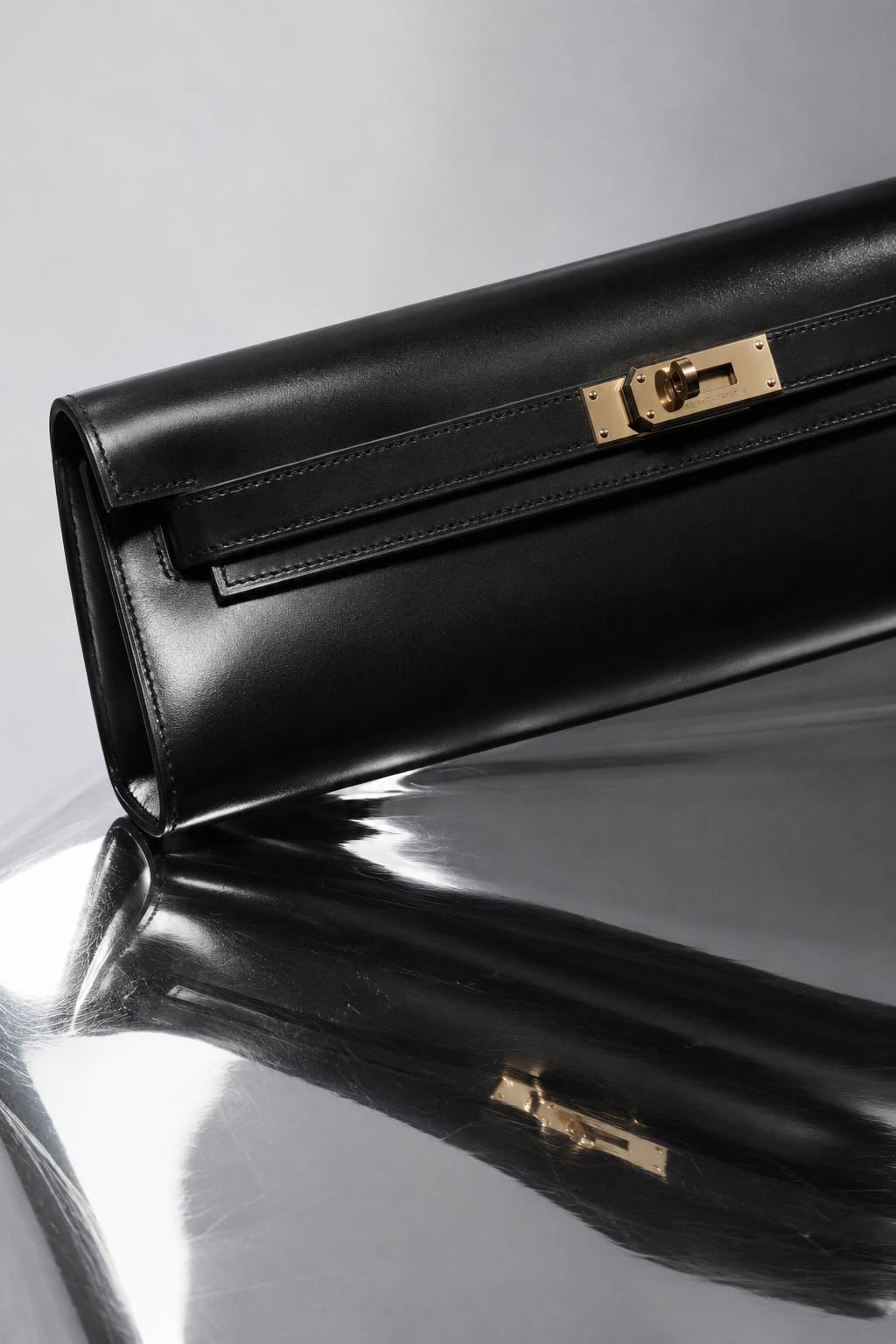 Black leather clutch with gold clasp on a mirrored surface