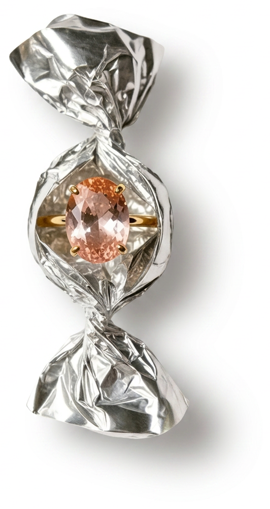 A jewelled object wrapped in mirrored foil, photographed as a sweet